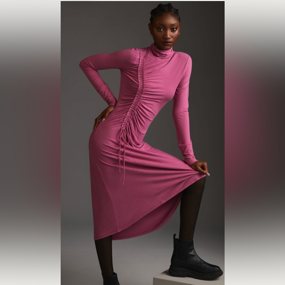 Anthropologie Daily Practice Raspberry Pink Ruched Turtleneck Dress